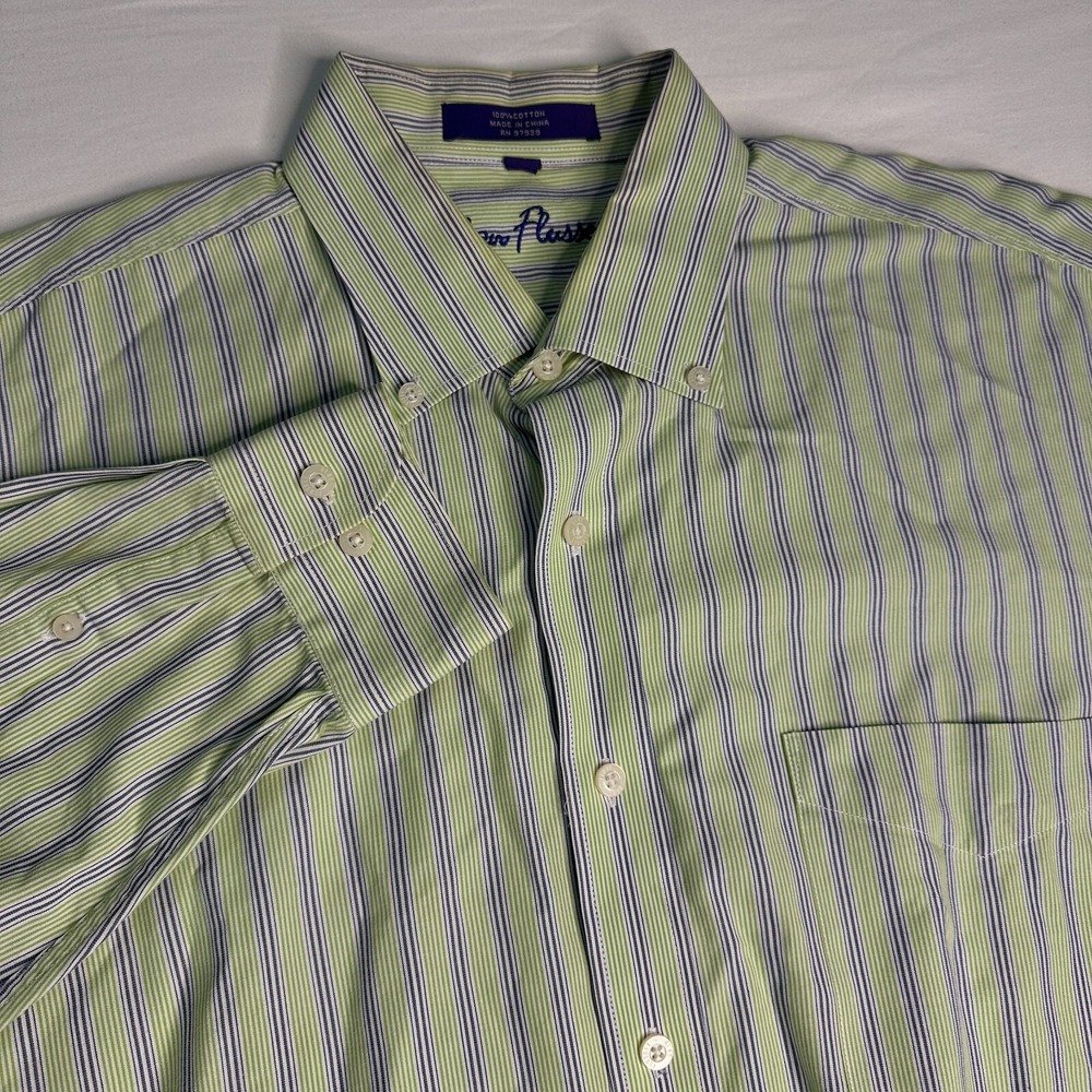 Alan Flusser‎ Mens Green Blue Striped Button Down Business Shirt Long Sleeve  L